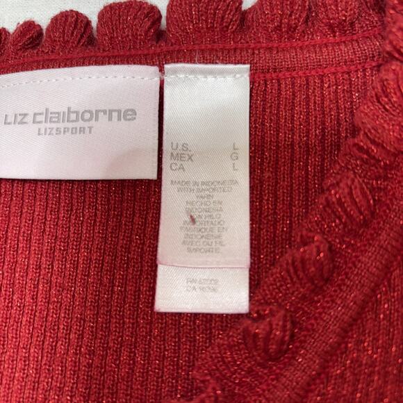 Y2K Vintage Liz Claiborne Red Shimmer Ruffle Trim Holiday Sweater L - Picture 8 of 13